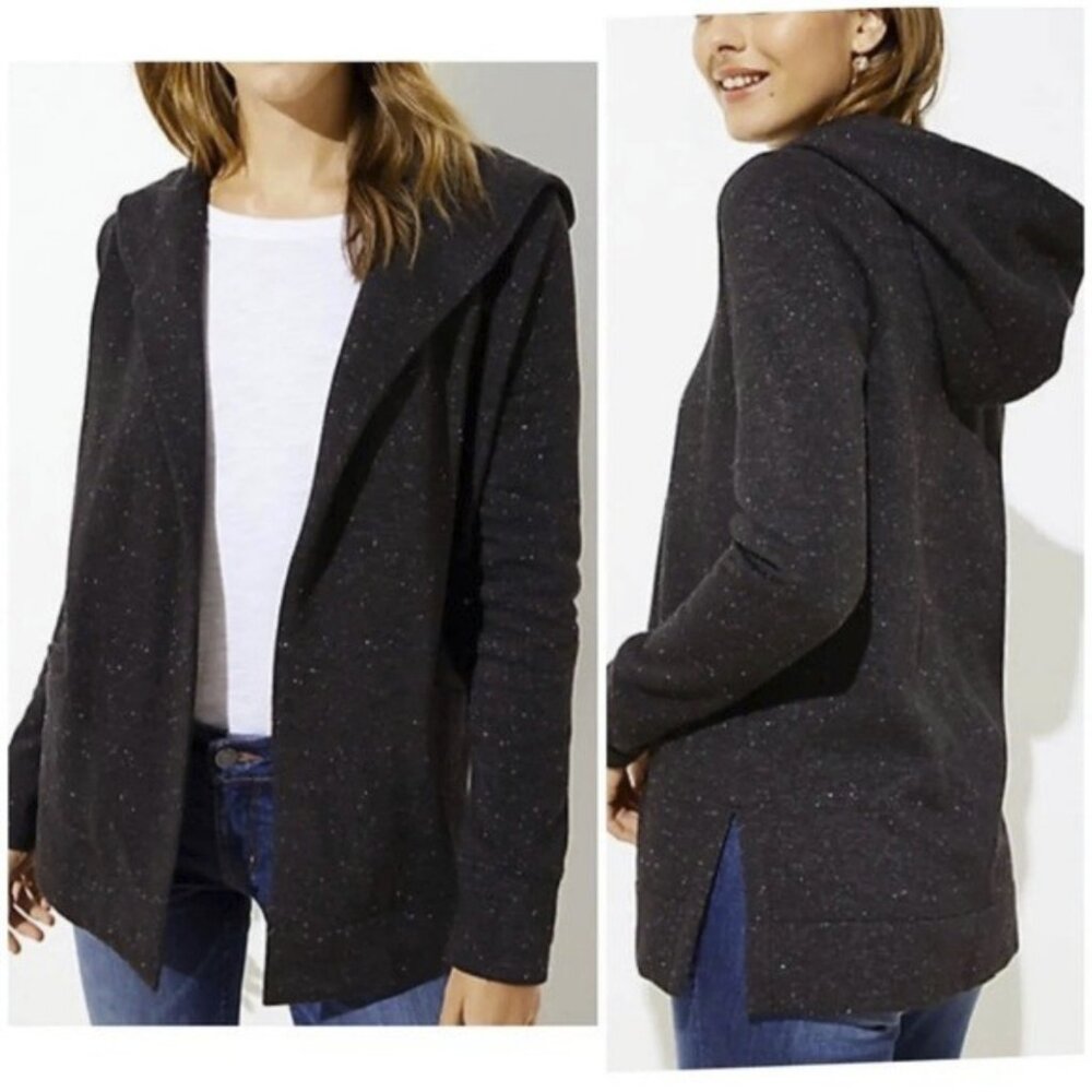 Ann Taylor Loft Gray Speckled Open Front Hooded Sweatshirt Jacket Size Small